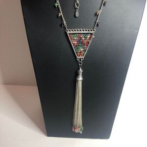 637  Silvertone Crystal beaded tassle colorful necklace 30"-33"